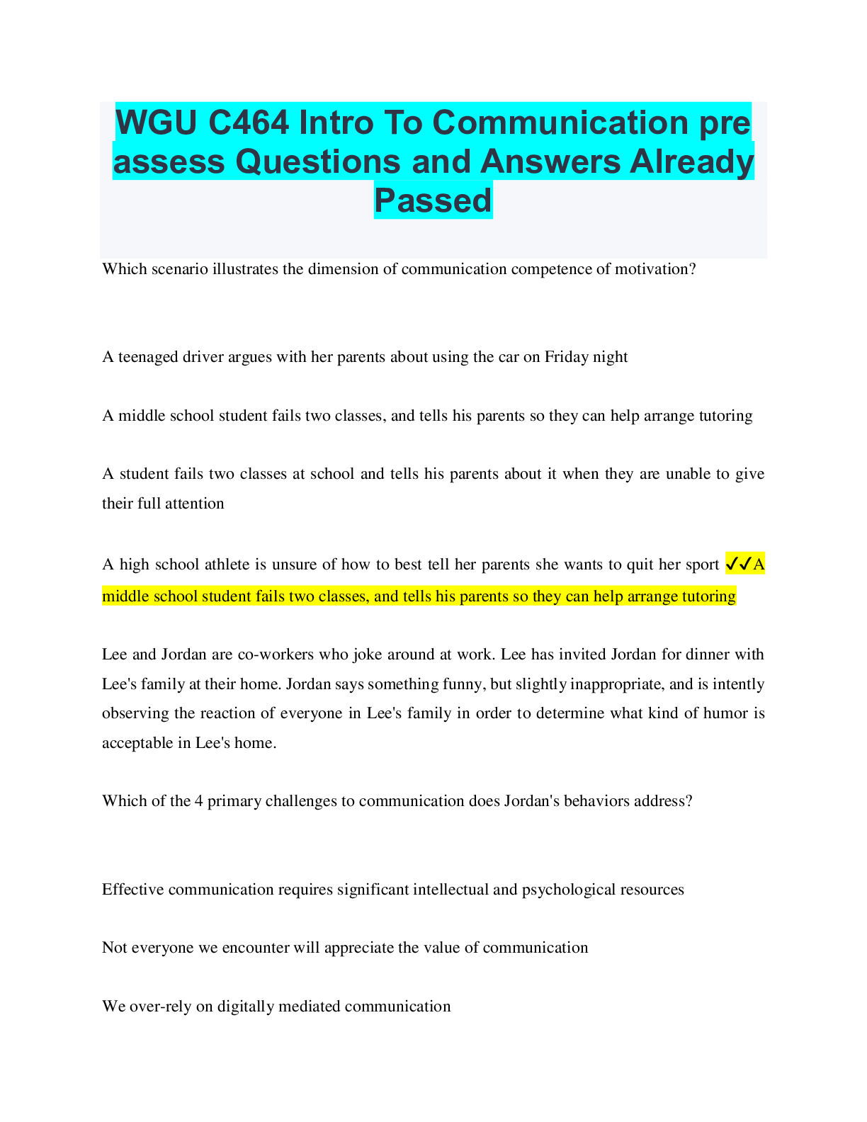 Preview image for WGU C464 Intro To Communication pre assess Questions and Answers Already Passed